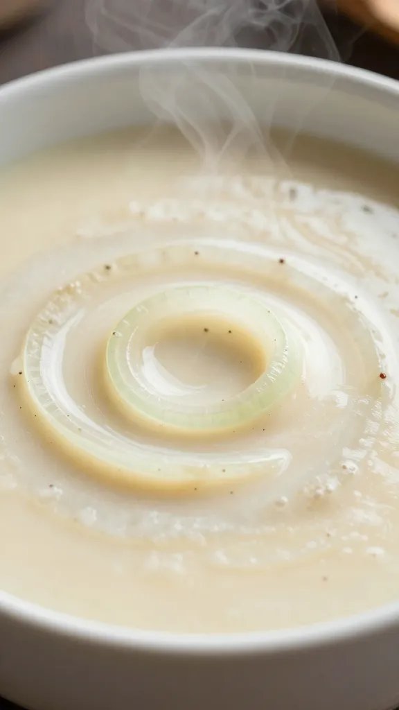 Creamy Onion Boil Soup: Cozy Comfort in Minutes 4 Closeup of creamy onion soup swirl in a white bowl, steam rising