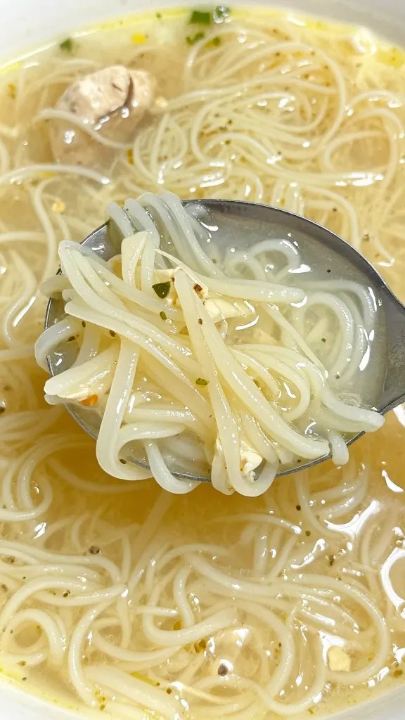 Cozy in 30: Easy Chicken Noodle Soup Recipe Magic in Minutes 5 closeup of a single spoonful of chicken noodle soup, noodles and broth texture