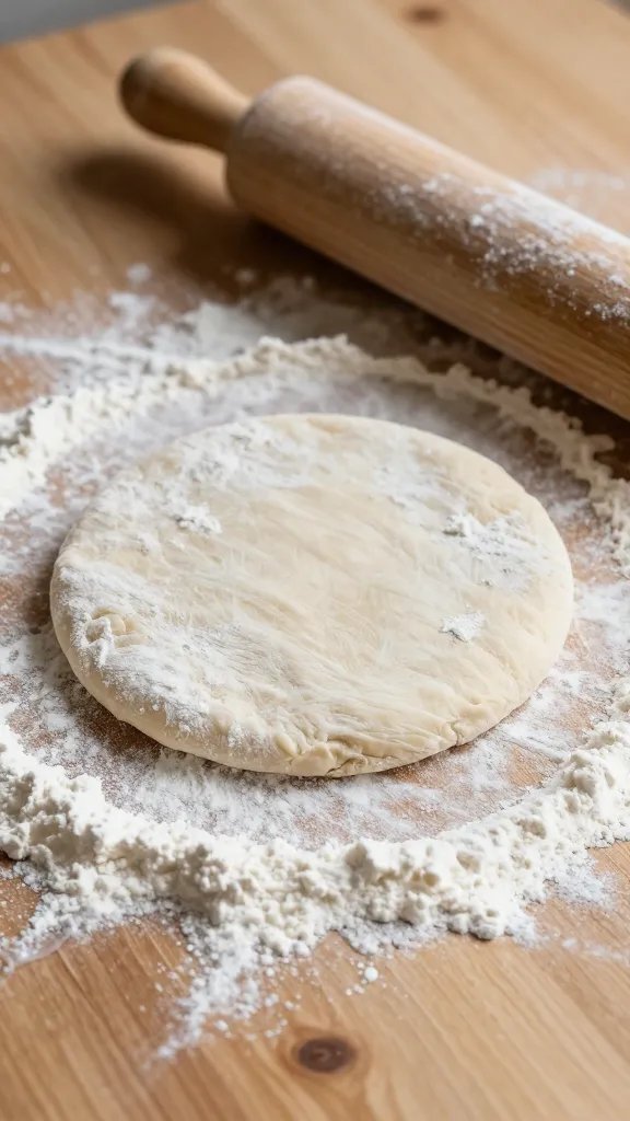 Pizza Dough Recipe Easy: Foolproof Crust in Minutes 6 Closeup of a dusted wooden surface with flour and rolling pin ready for dough