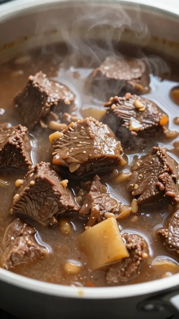 Cozy Up with an Easy Beef Stew Recipe Tonight 3 Closeup: beef stew chunks in a rustic pot with steam