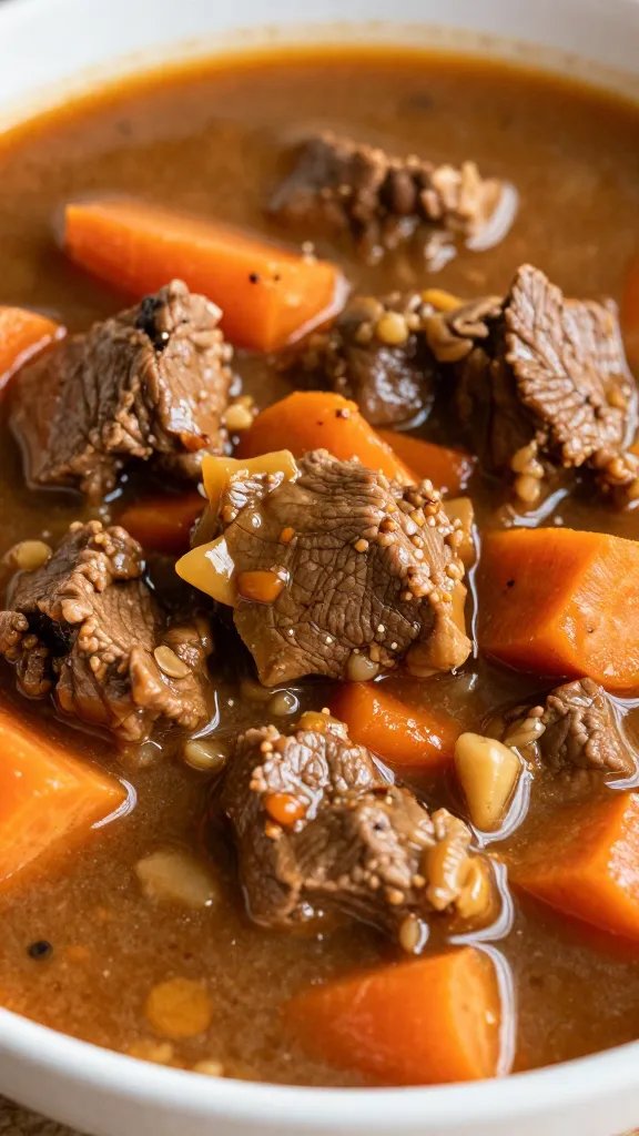 Cozy Up with an Easy Beef Stew Recipe Tonight 4 Closeup: thick carrot-tlecked beef stew in a warm bowl