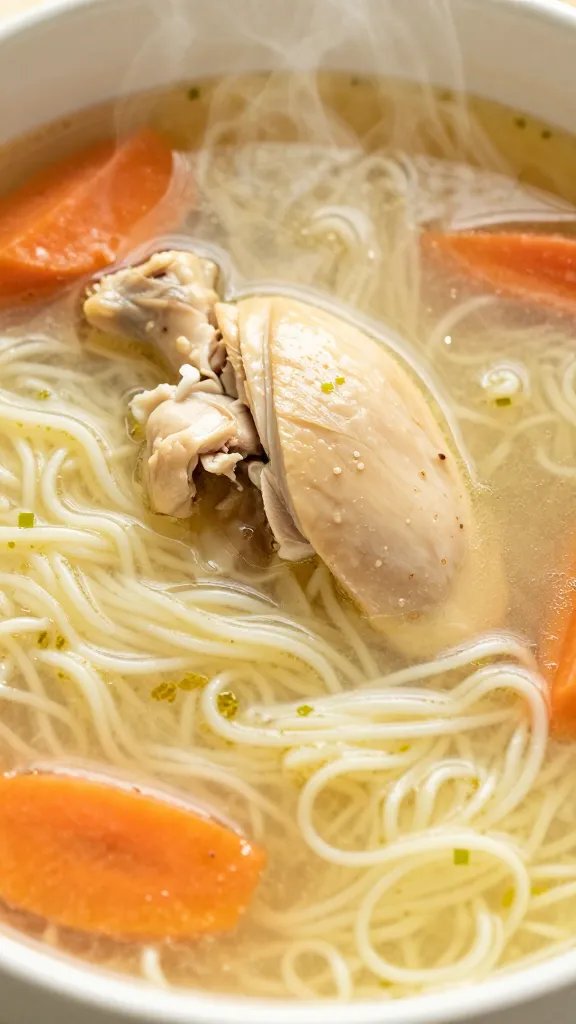 Easy Chicken Noodle Soup Recipe: Weeknight Miracle 3 closeup of steaming chicken noodle soup bowl with noodles and carrots