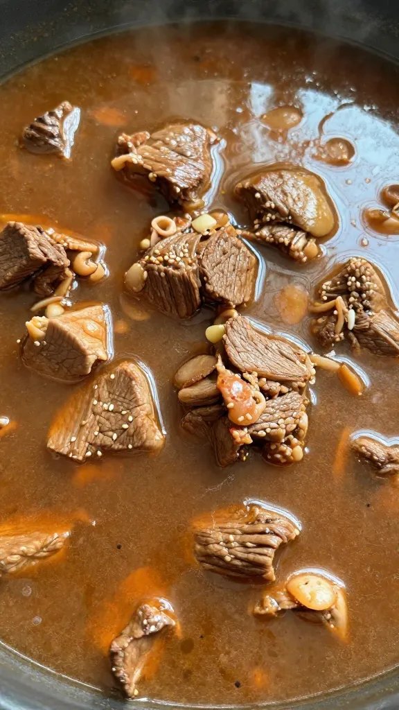Easy Beef Stew Recipe: Weeknight Win 3 Closeup of beef chunks simmering in rich stew broth