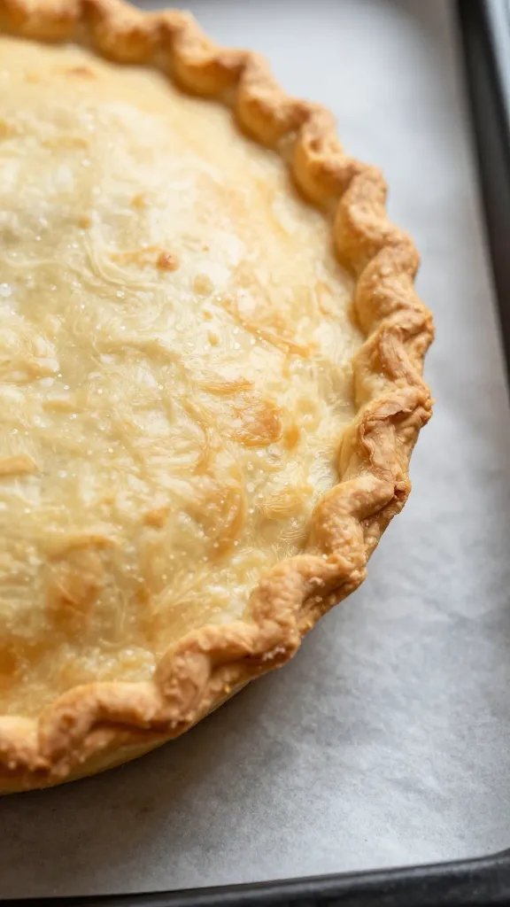 Easy Chicken Pot Pie Recipe That Wow’S Weeknights 5 closeup of golden flaky pot pie crust edge on a parchment-lined baking sheet
