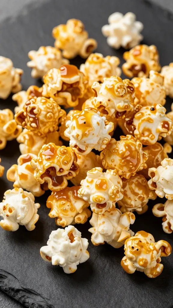 Popcorn Seasoning Recipes That Sizzle Fast 5 Closeup of caramelized honey-glazed popcorn on dark slate background