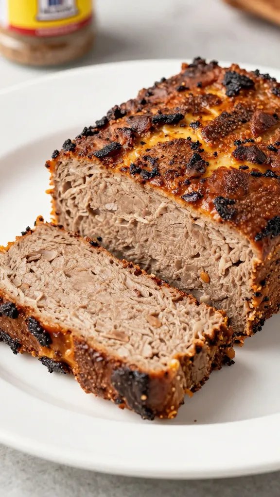 Mccormick Meatloaf Seasoning Recipe: Weeknight Wow 3 Closeup of a seasoned meatloaf slice on a white plate, McCormick seasoning visible