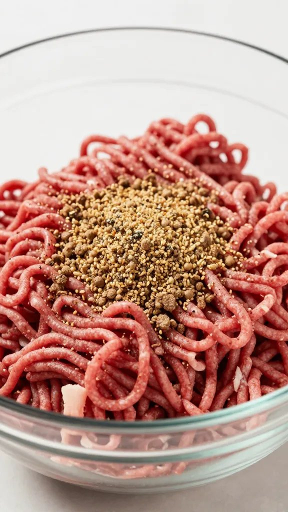 Mccormick Meatloaf Seasoning Recipe: Weeknight Wow 4 Closeup of raw ground beef being mixed with McCormick Meatloaf Seasoning in a glass bowl