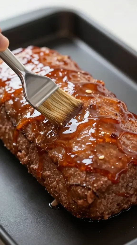 Mccormick Meatloaf Seasoning Recipe: Weeknight Wow 5 Closeup of a glossy meatloaf glaze being brushed on top, single loaf on dark baking sheet