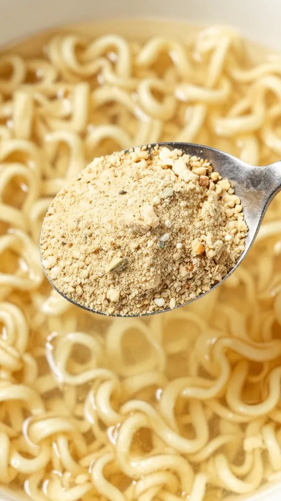 Chicken Ramen Seasoning Recipe: Quick Flavor Boost 3 closeup of a single spoonful of chicken ramen seasoning mix dusted over broth