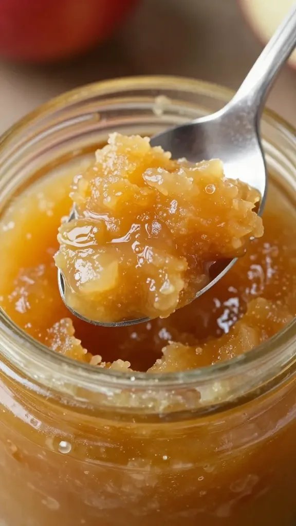 Cozy Apple Sauce Recipe You’Ll Love 5 Closeup of a spoon scooping chunky applesauce in a rustic jar
