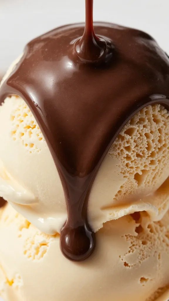 Velvety Chocolate Sauce: Your Dessert Savior 3 closeup of glossy velvet chocolate sauce drizzling over ice cream