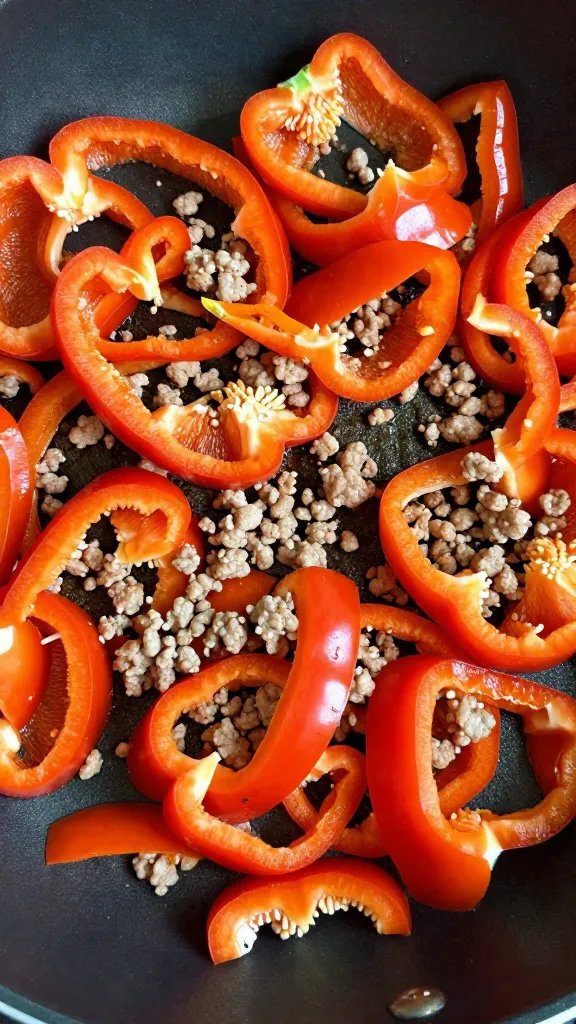 Stuffed Pepper Soup: Cozy One-Pot Comfort Goodness 5 closeup of chopped bell pepper and ground meat in pan