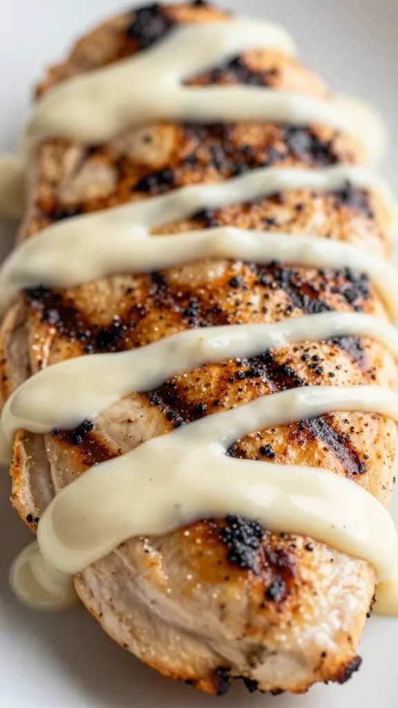 Alabama White Bbq Sauce: the Creamy Tang You’Ll Love 3 Closeup of creamy Alabama white BBQ sauce drizzle on grilled chicken breast