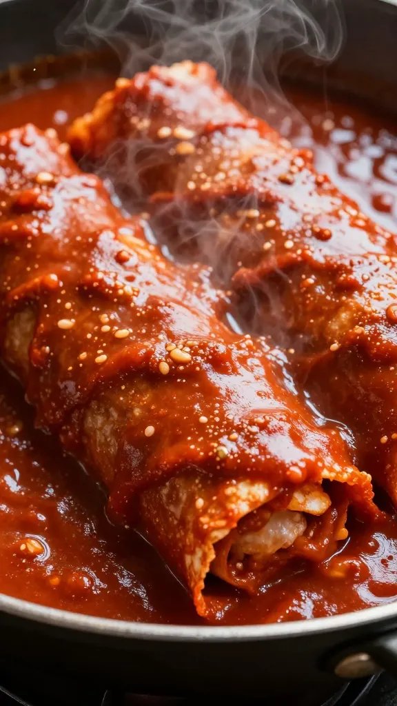 Red Enchilada Sauce That Wows Every Time 4 Close-up of velvety red enchilada sauce with steam over edge of skillet