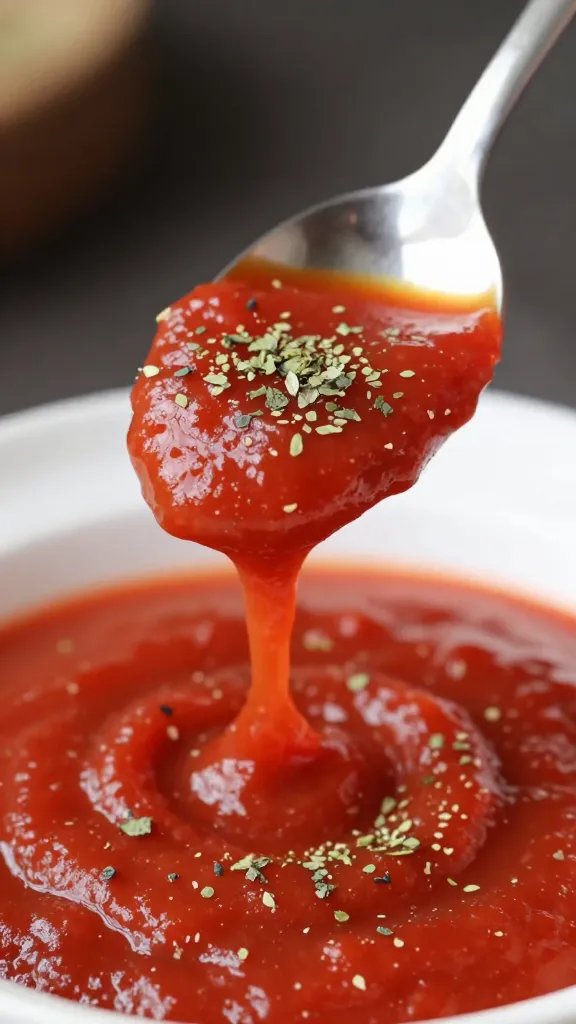 Pizza Sauce Recipe: Quick, Foolproof Flavor in 20 Minutes 4 Closeup of a spoon lifting tomato sauce with oregano dust