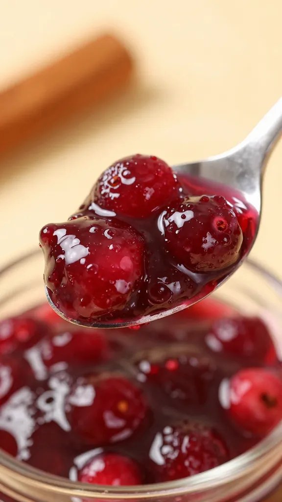 Spiced Christmas Jam Recipe That Stars This Season 4 closeup of glossy cranberry jam on spoon with warm cinnamon glow