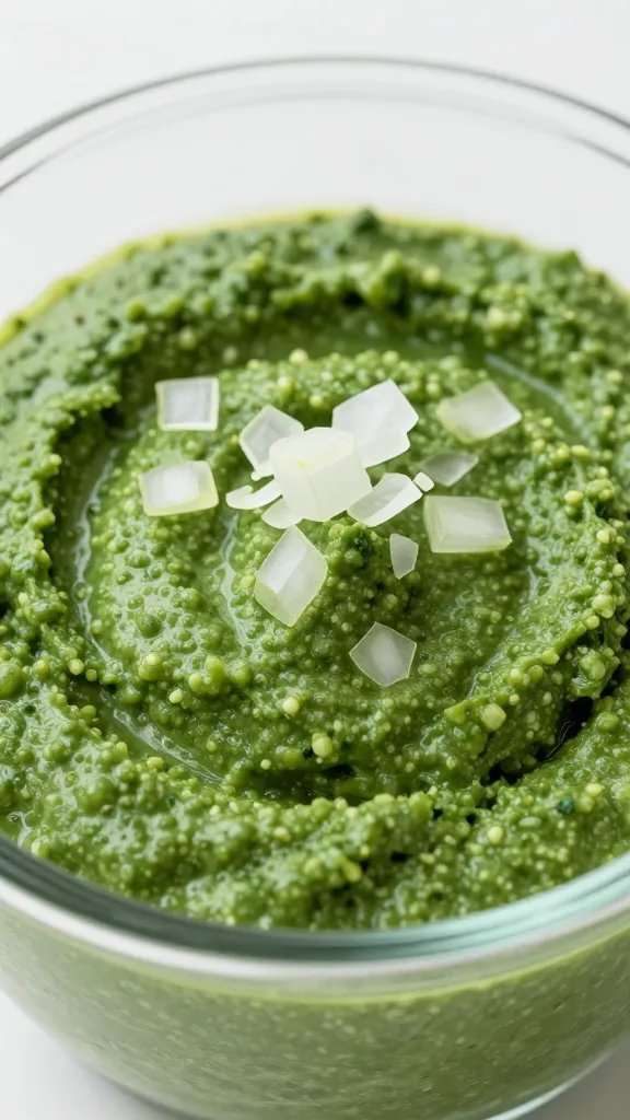 Vibrant Clean Eating Sauces You’Ll Want Daily 5 closeup of smooth spinach puree with minced onions in shot-glass container