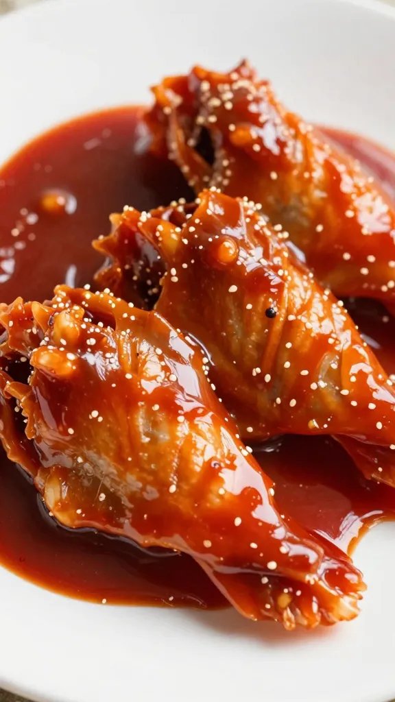 Boom Boom Sauce: the Ultimate Party Dip 4 Closeup of a single wings coated with Boom Boom Sauce on a plate