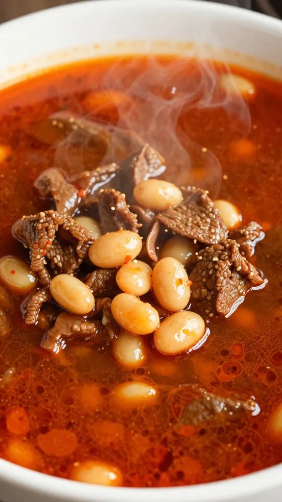 Spicy Beef Bean Soup: One-Pot Victory Dinner 3 closeup beef bean soup steam rising in bowl, bold chili hue