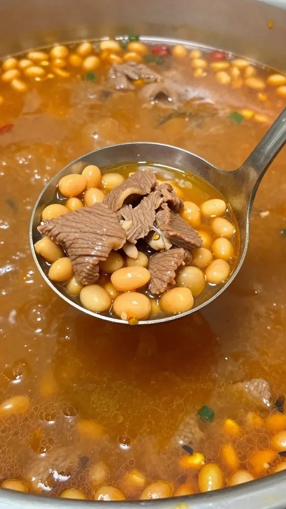 Spicy Beef Bean Soup: One-Pot Victory Dinner 4 closeup single ladle scooping spicy beef soup, beans visible