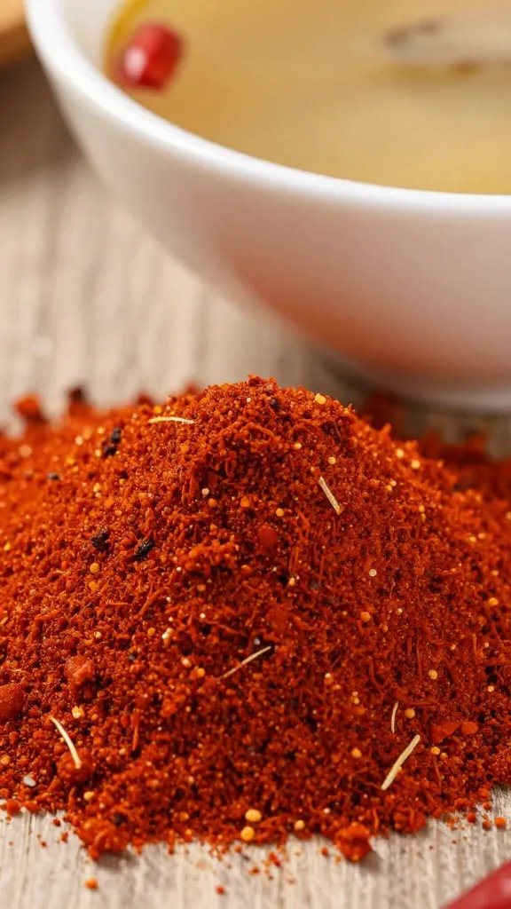 Spicy Beef Bean Soup: One-Pot Victory Dinner 5 closeup ripe red chili powder heap beside finished soup bowl