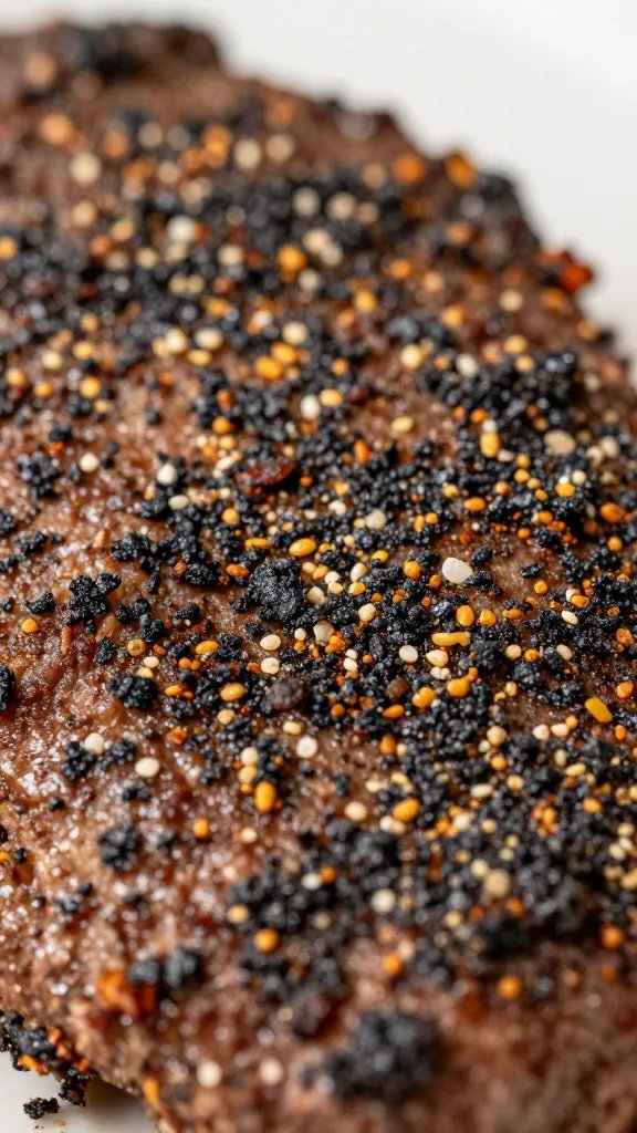 Blackened Seasoning Recipe for Bold, Crispy Flavor 3 closeup of a single meat crust being seasoned with blackened rub