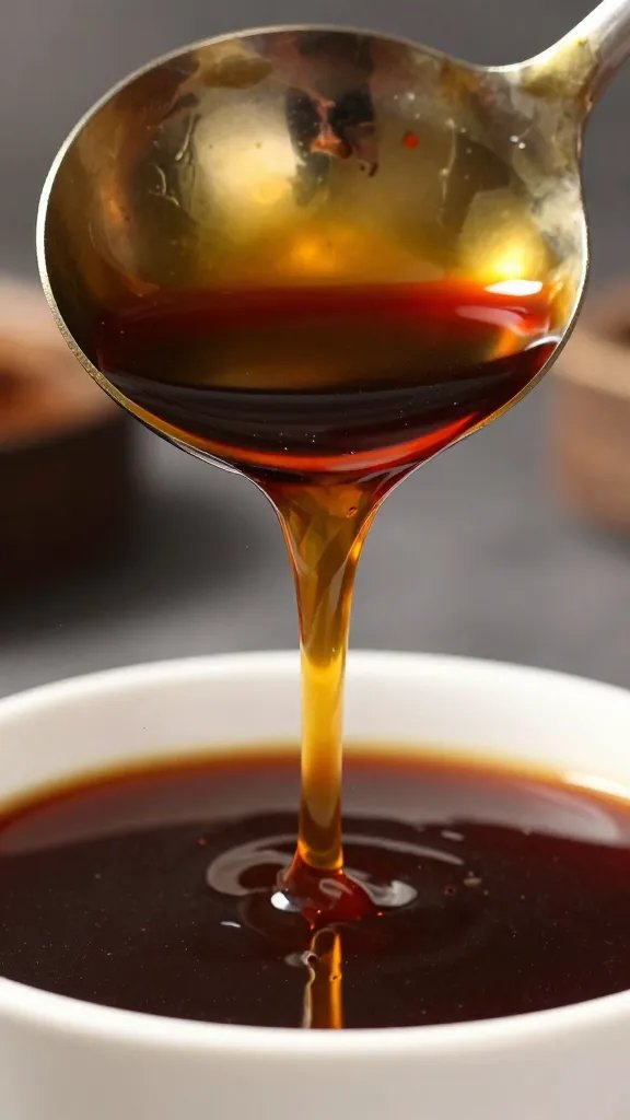 Buffalo Wing Sauce That Slays Friday Nights 4 macro portrait of a single ladle pouring buffalo sauce into a shallow dish