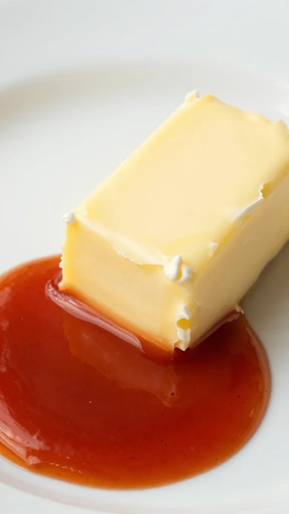 Buffalo Wing Sauce That Slays Friday Nights 5 closeup of a single pat of melted butter meeting hot sauce on a white plate