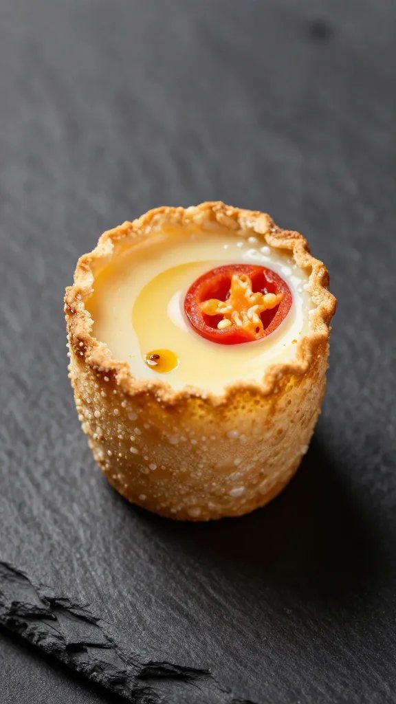 Red Pepper Egg Bites Recipe: Morning Win 5 macro shot of one egg bite with visible peppers on dark slate background