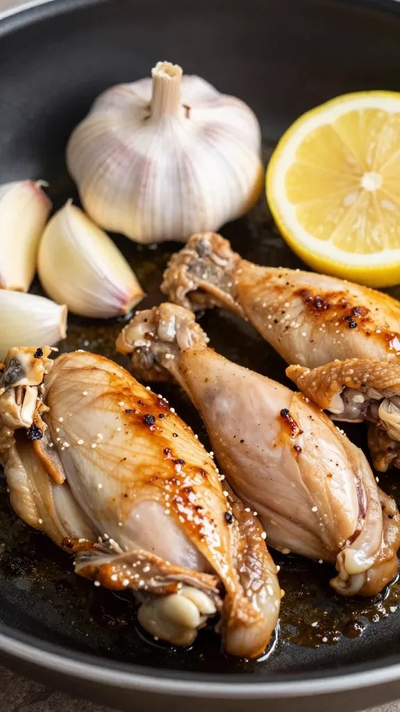 Lemon Pepper Chicken: Quick, Bright, Irresistible Flavor 5 closeup of garlic cloves and lemon slice beside sizzling chicken pan