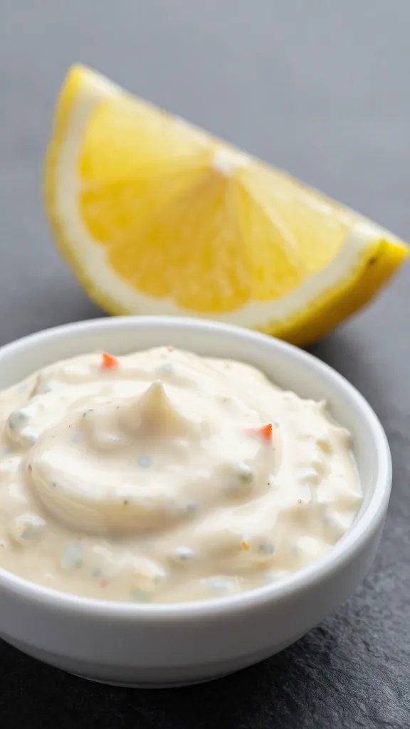 Crab Cake Sauce: the Tangy, Creamy Game-Changer 5 Closeup of a single lemon wedge beside a small bowl of crab cake sauce