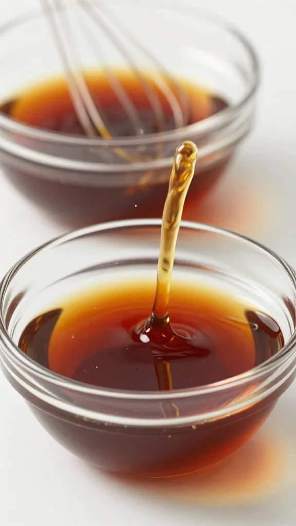 Ruby Tuesday Hickory Bourbon Sauce Recipe: Quick Glaze Mastery 5 closeup of bourbon sauce splash in small glass bowl with whisked ingredients background