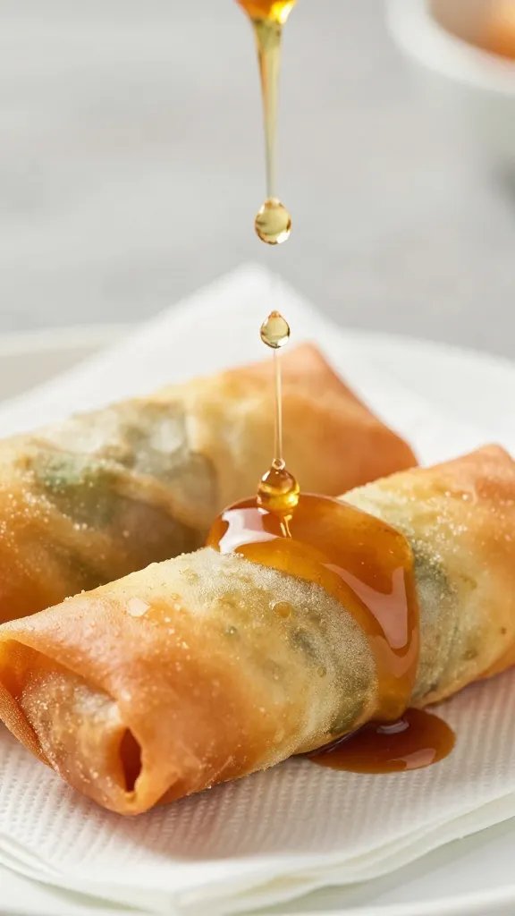 Spring Roll Sauce: a Dip-Dazzle in Minutes 5 Closeup of sauce droplets cascading over a napkin-wrapped spring roll