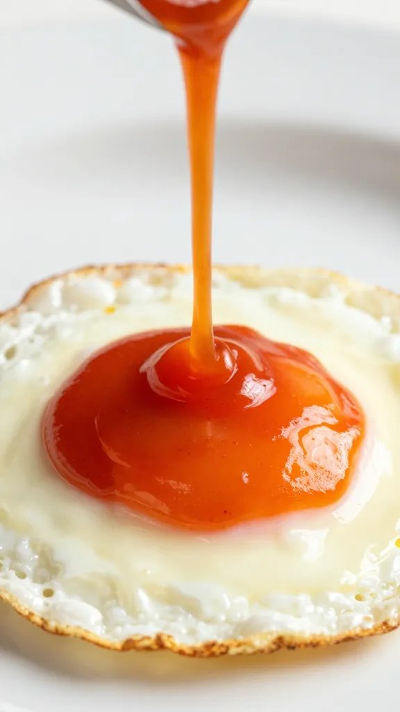 Fiesta Night Your Ranchero Sauce Saves Any Dish 4 Closeup of bright ranchero sauce poured over a single fried egg