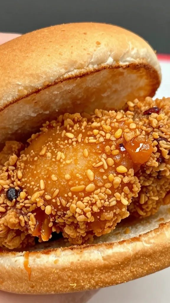 Spicy Chicken Sandwich That Pops Now 3 Closeup of a spicy fried chicken fillet, crispy crust, on a crusty bun