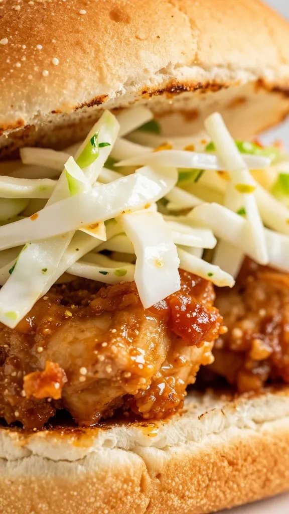 Spicy Chicken Sandwich That Pops Now 4 Macro shot of a dollop of cooling coleslaw atop spicy chicken sandwich