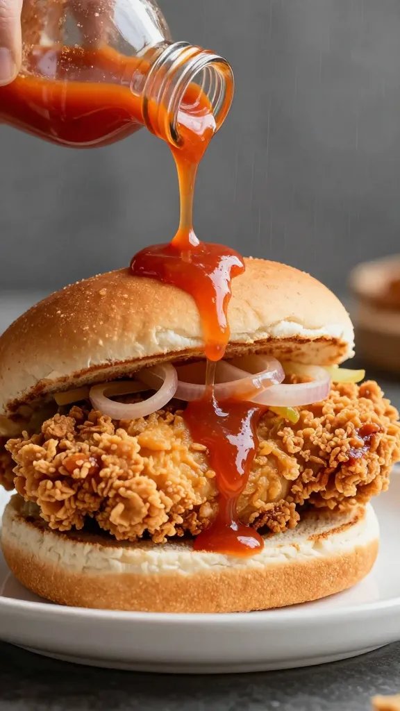 Spicy Chicken Sandwich That Pops Now 5 Closeup of drizzle from hot sauce over crispy chicken sandwich half-plate