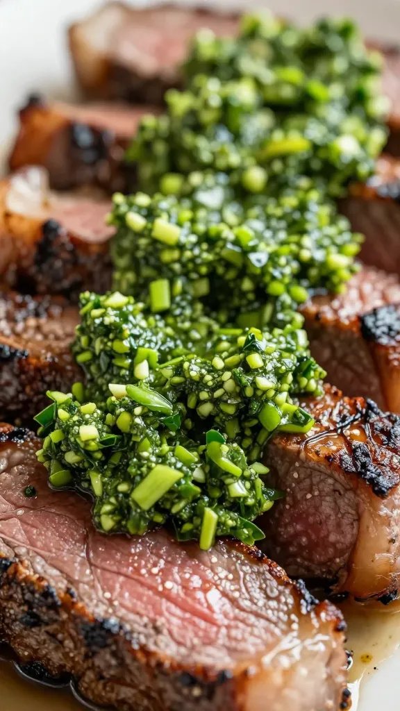 Chimichurri Sauce: Green Thunder on Your Plate 3 Closeup: vibrant green chimichurri drizzled over sizzling steak slice
