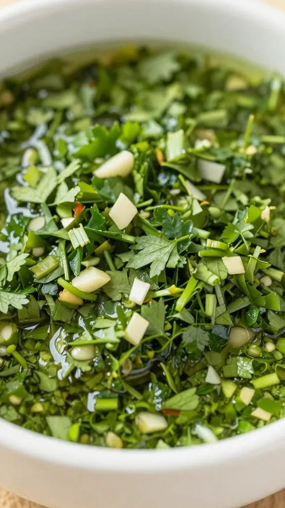 Chimichurri Sauce: Green Thunder on Your Plate 4 Macro shot: bowl of chimichurri with chopped parsley and garlic visible