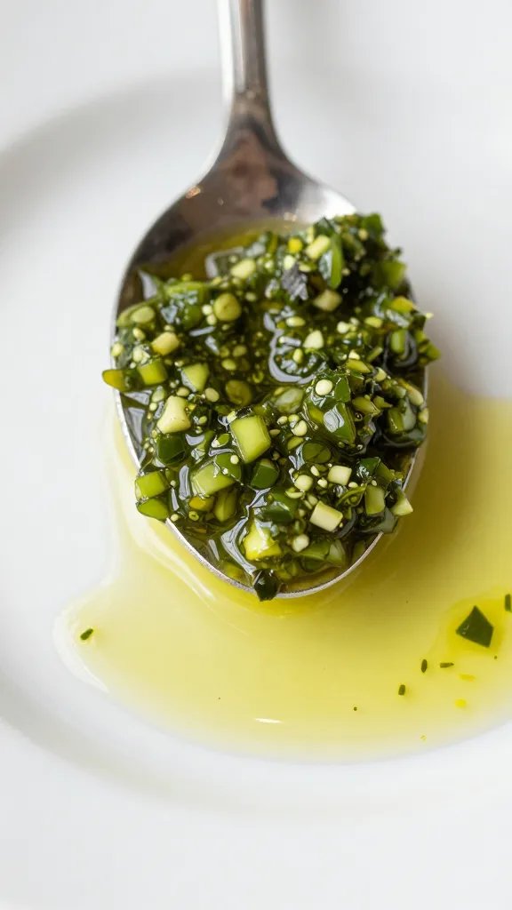 Chimichurri Sauce: Green Thunder on Your Plate 5 Closeup: spoonful of chimichurri oil glistening on white plate