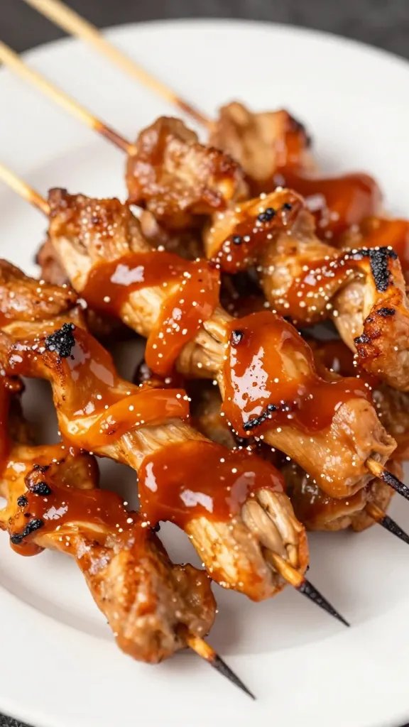 Low Calorie Satay Sauce That Tastes Like a Cheat 5 closeup of satay sauce coating grilled chicken skewer on plate