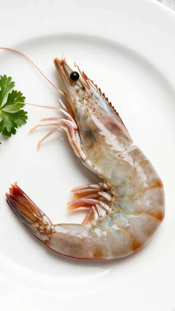 Low Sodium Shrimp Sauce: Weeknight Wow 5 Closeup of a single shrimp on glossy white plate with herbs