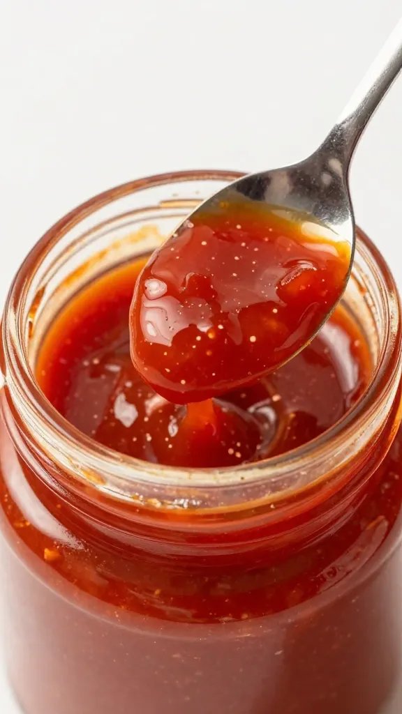Mae Ploy Chili Sauce: Flavor That Sparks a Party 3 Closeup of Mae Ploy chili sauce jar with glossy glaze on spoon