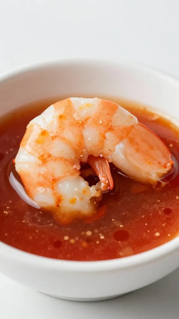 Old Bay Cocktail Sauce: Bold Dip in 2 Minutes 4 Closeup of a single shrimp dipped in Old Bay cocktail sauce on white porcelain