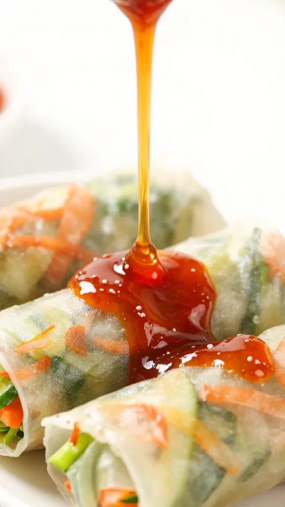 Pantai Sweet Chili Sauce: Beachy Dips in 5 Minutes 5 Closeup of Pantai Sweet Chili Sauce poured on vegetable spring roll