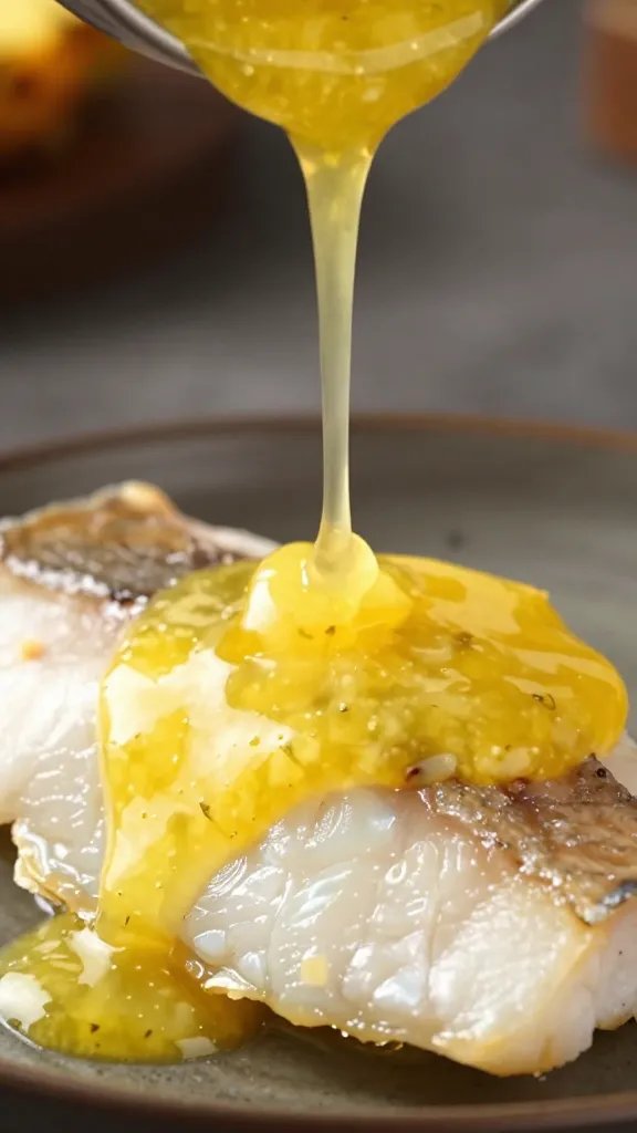 Sunny Pineapple Sauce for Fish Wins Tonight 3 closeup of glossy pineapple sauce being poured over fish fillet