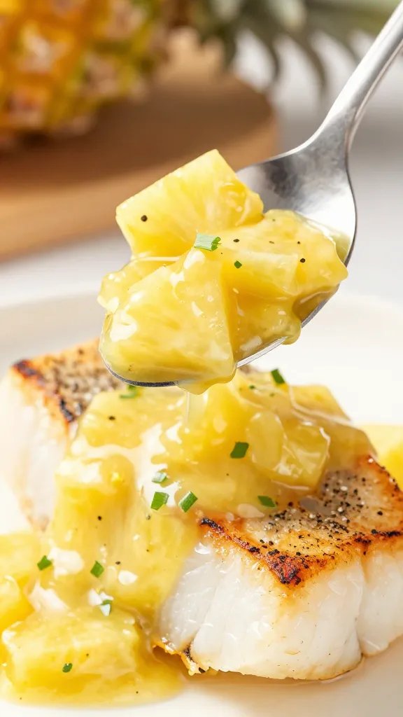 Sunny Pineapple Sauce for Fish Wins Tonight 5 closeup of a spoonful of pineapple sauce over a seared fish filet garnish