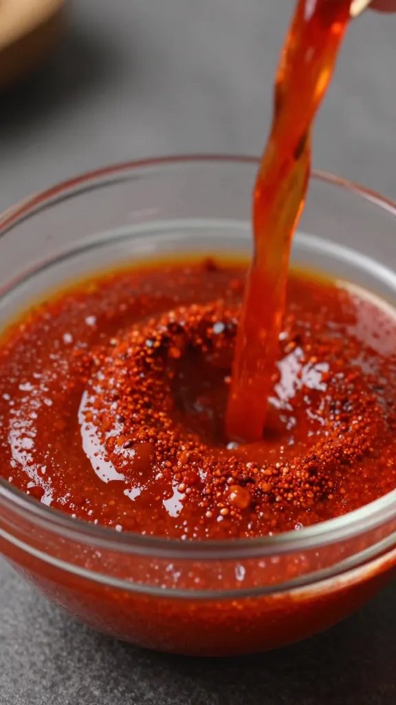 Red Chile Powder Sauce: Fire Up Your Weeknights 3 closeup of red chile powder sauce being stirred in a small glass bowl