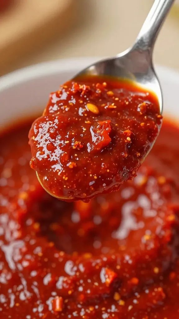Red Chile Powder Sauce: Fire Up Your Weeknights 4 closeup of a single spoonful of red chile powder sauce with visible tomato paste swirl