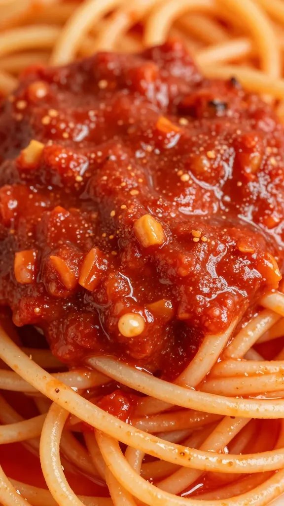 Silver Palate Marinara Sauce: Shine on Weeknights 4 closeup of bright red marinara coating glossy pasta strand
